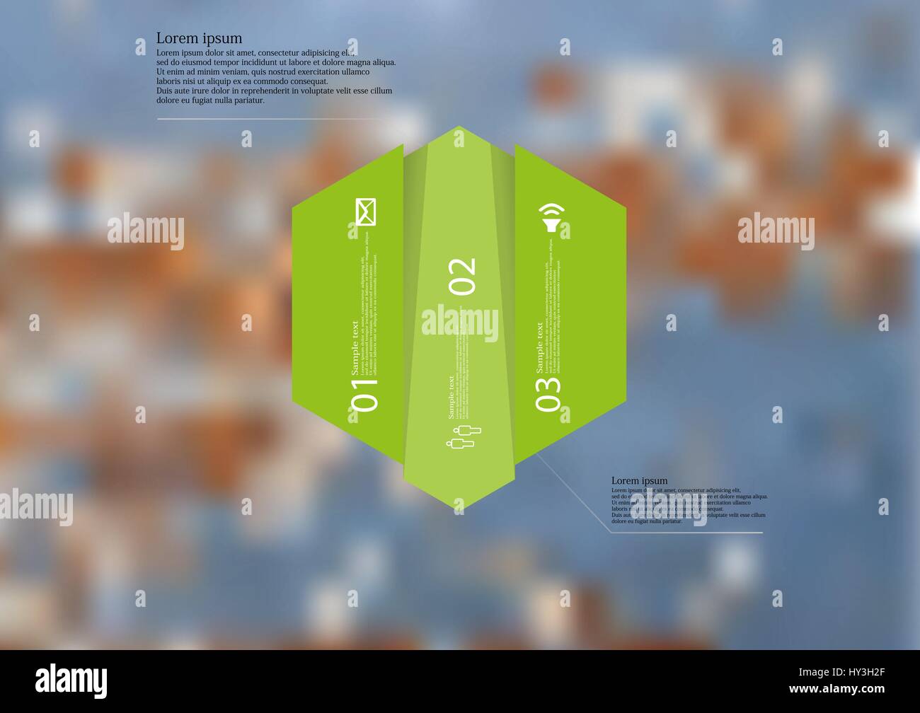 Illustration infographie modèle avec motif d'Hexagon divisé verticalement décalée à trois sections vert. Photo floue avec motif texture du w Illustration de Vecteur