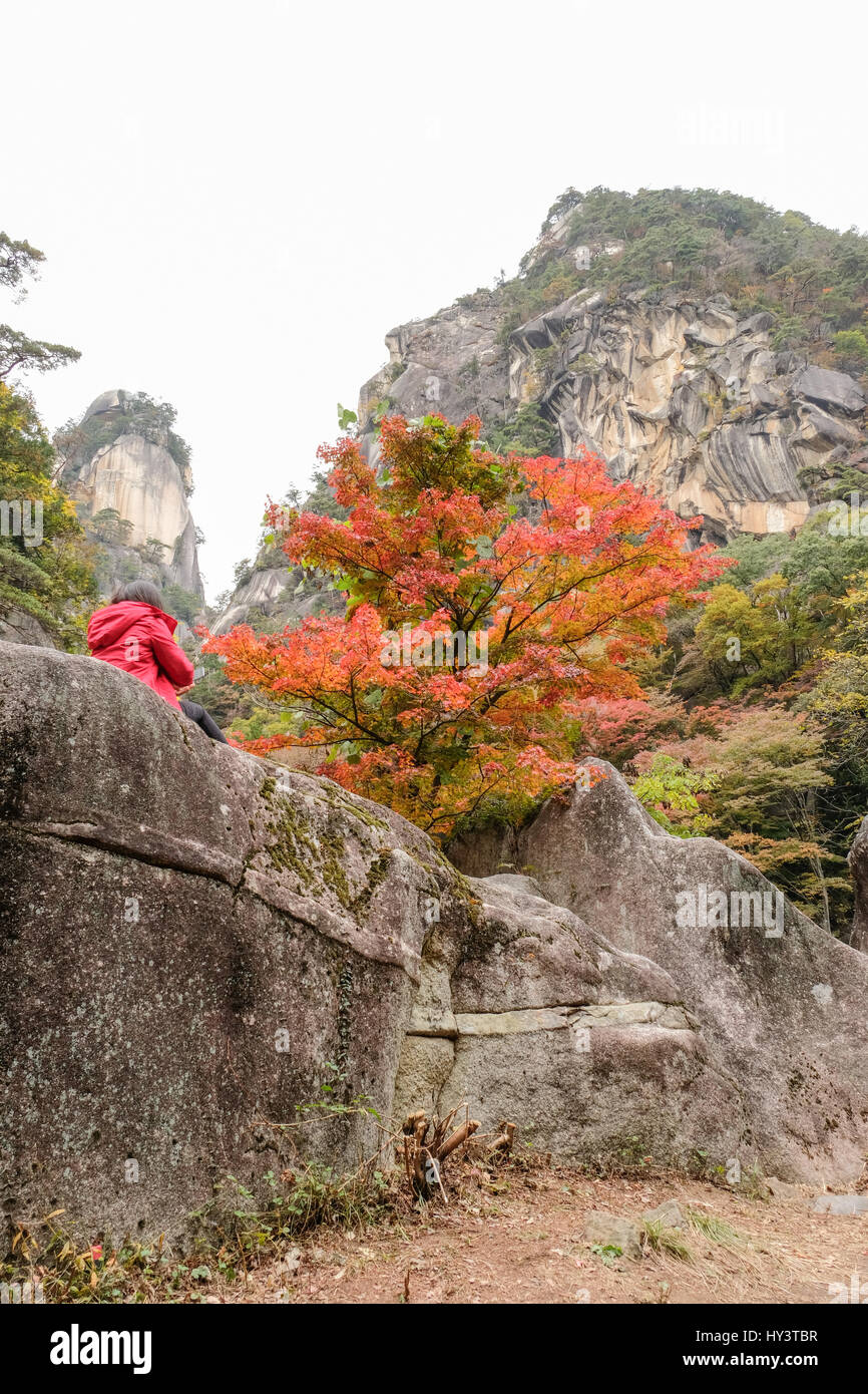 Woman in red jacket prend photo d'automne couleur des arbres au fond de gorges rocheuses dans Shosenkyo, Japon Banque D'Images