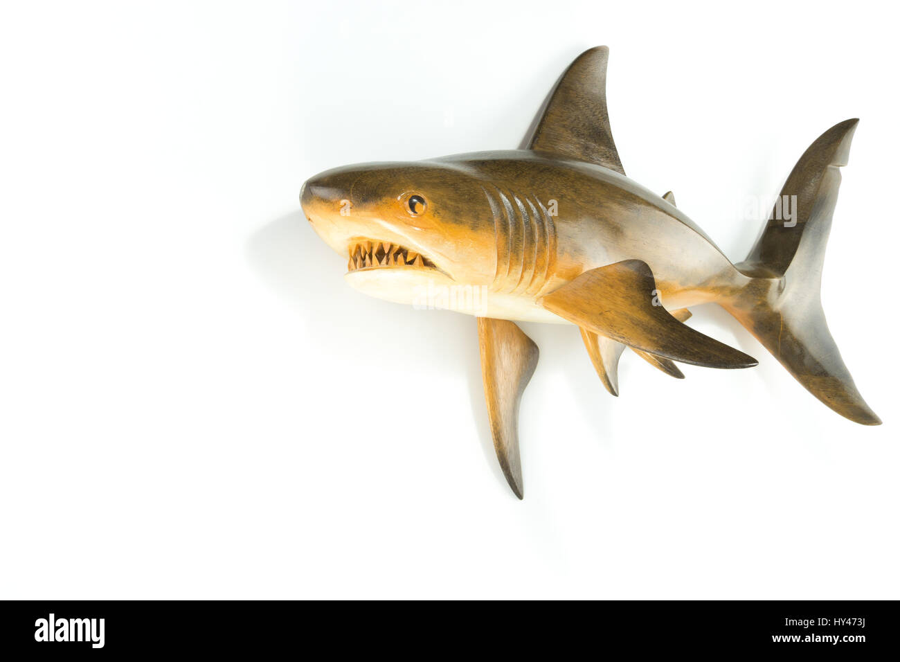 Shark sculptée à la main sur bois isolé dans l'arrière-plan blanc Banque D'Images