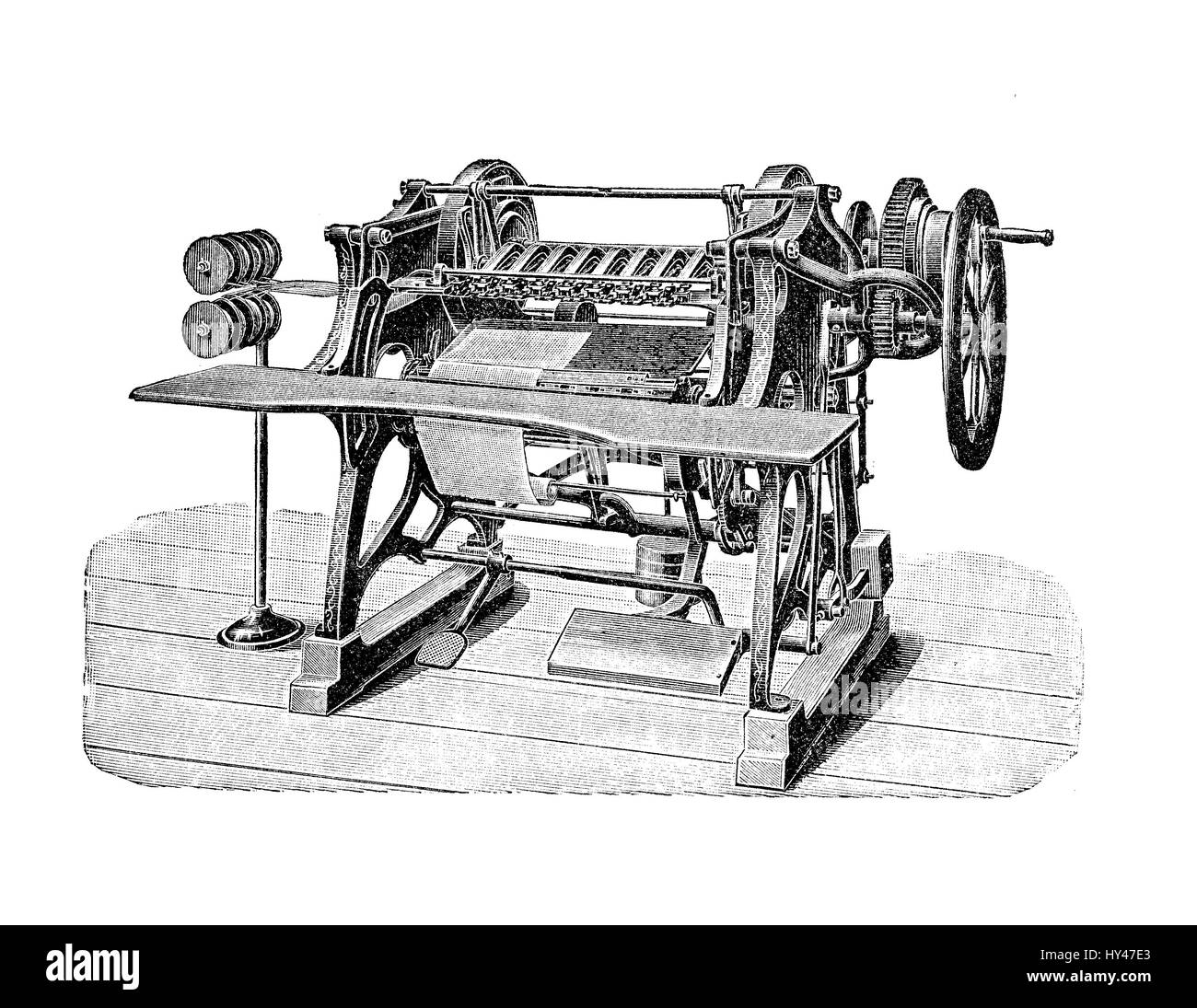 Machine à relier le fil d'un livre pour appuyer sur la production, XIX siècle illustration Banque D'Images