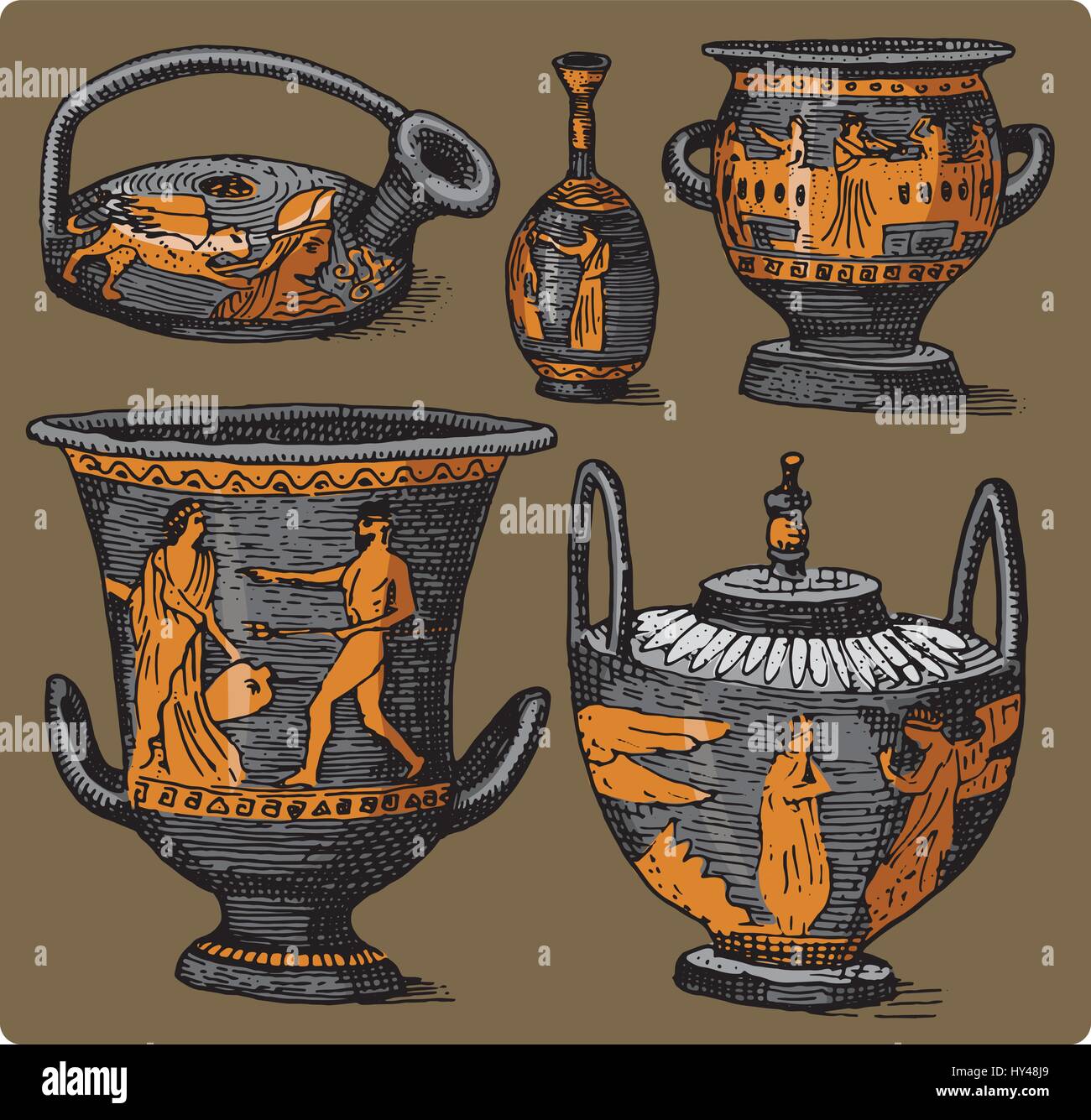 La Grèce antique, l'amphore antique set, vase avec des scènes de vie vintage, gravée au croquis dessinés à la main, ou en bois de style ancien, coupe à retro Illustration de Vecteur