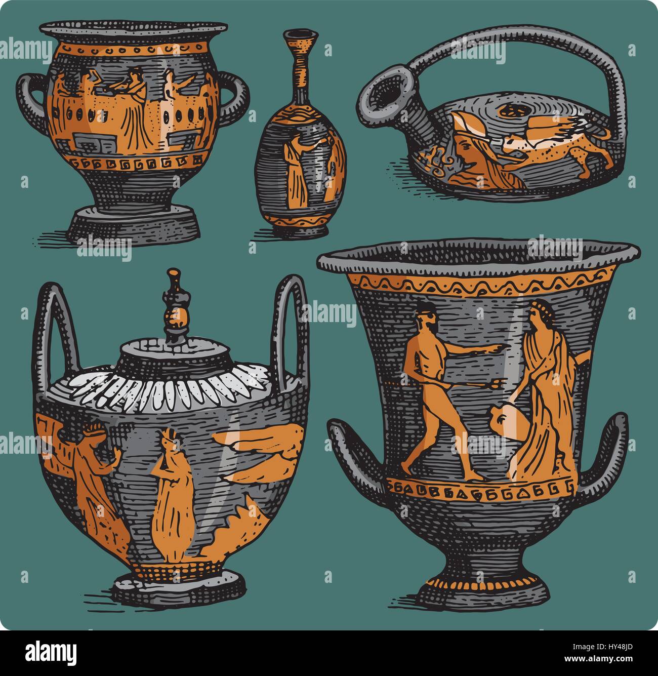 La Grèce antique, l'amphore antique set, vase avec des scènes de vie vintage, gravée au croquis dessinés à la main, ou en bois de style ancien, coupe à retro Illustration de Vecteur