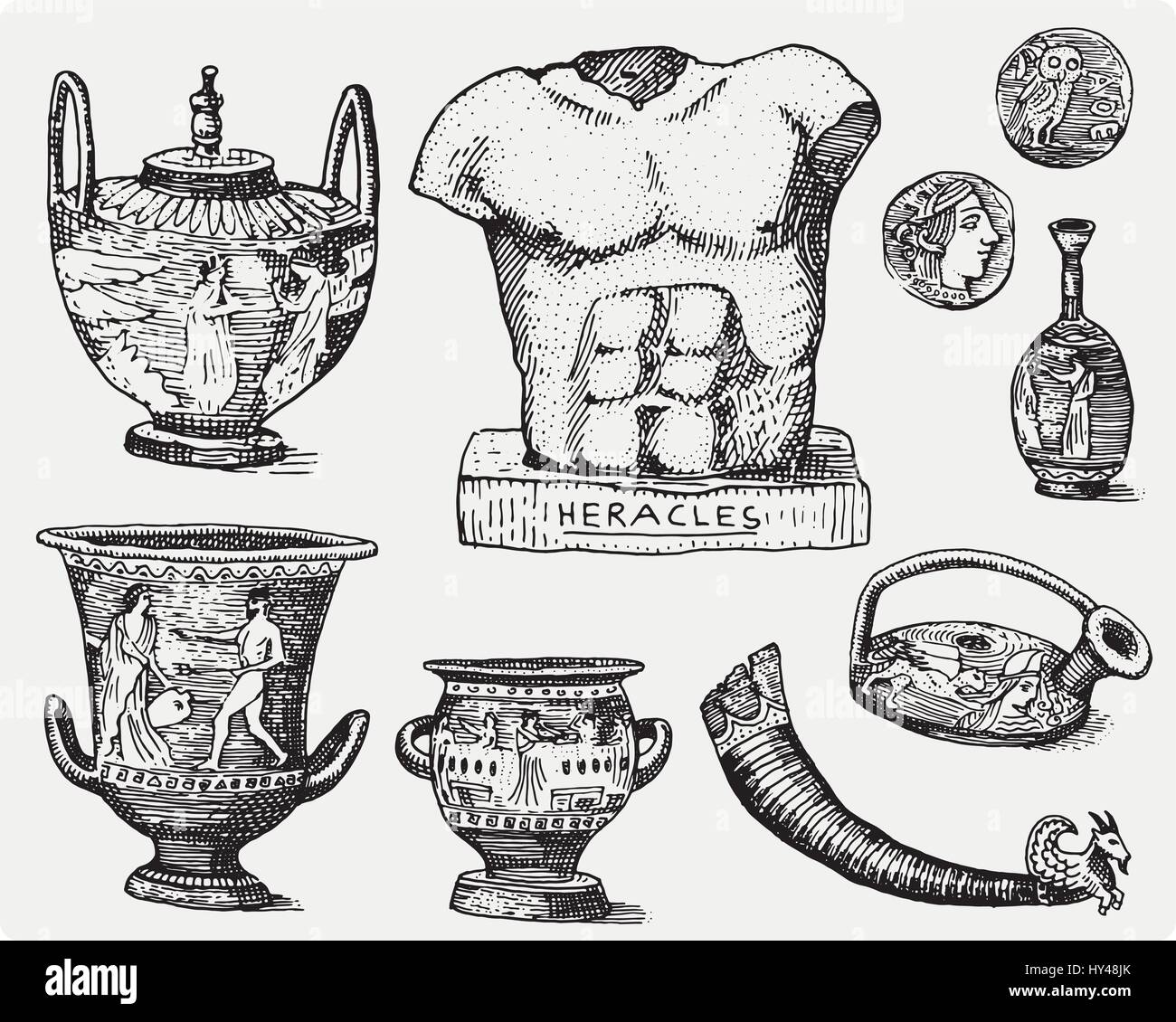 La Grèce antique, les symboles antiques, monnaies grecques, Heracles sculpture, anphora vintage, gravé à la main au croquis ou de bois coupé, de style ancien, rétro réaliste illustration vectorielles. Illustration de Vecteur