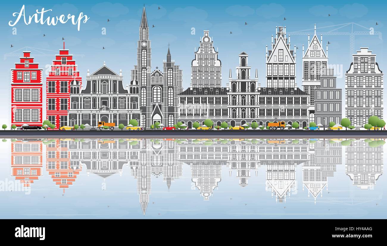 Anvers Skyline avec bâtiments gris, ciel bleu et des réflexions. Vector Illustration. Les voyages d'affaires et tourisme Concept avec l'architecture historique. Illustration de Vecteur