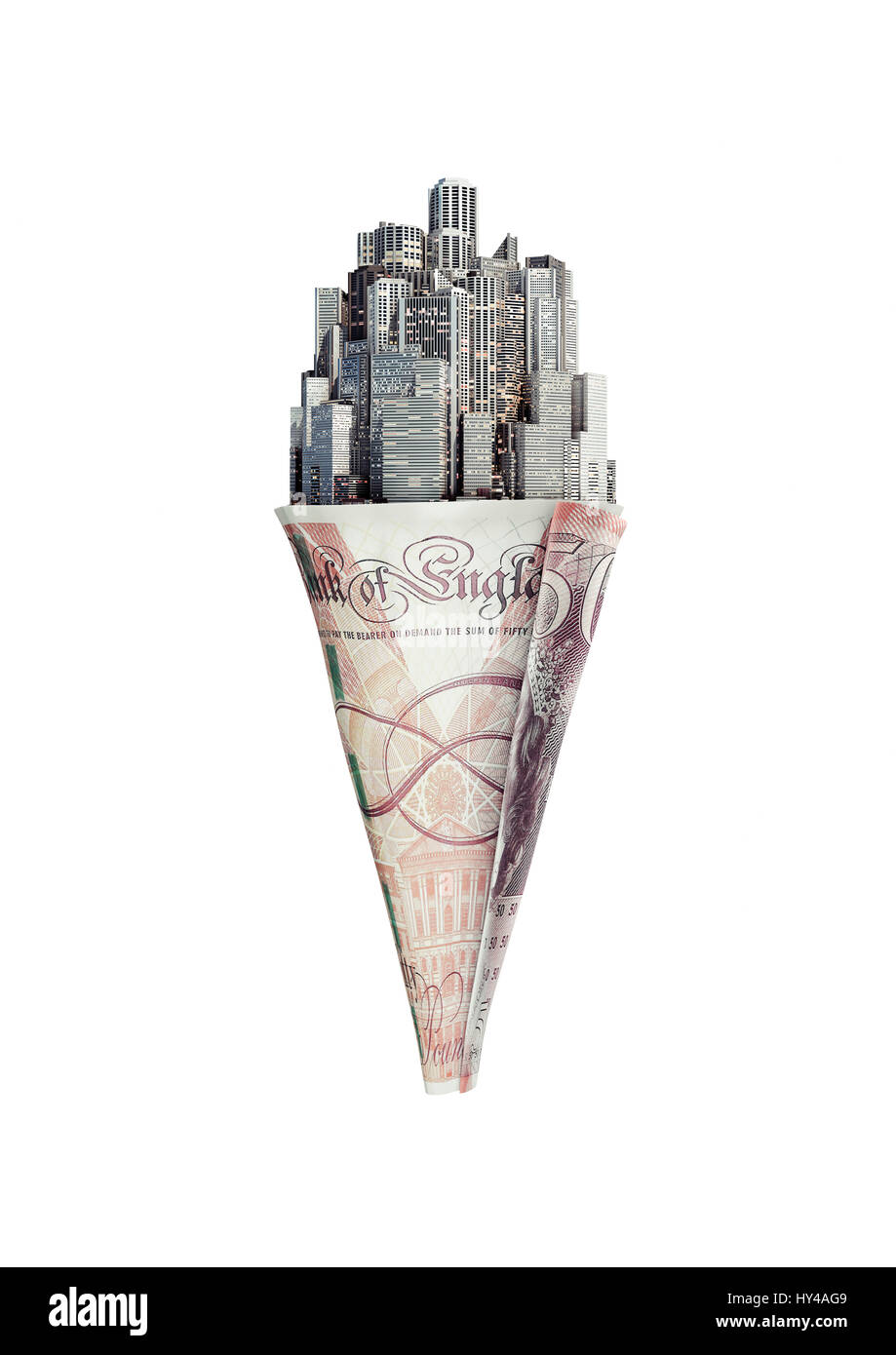 Cône de l'argent livres / 3D illustration de city ice cream cone avec cinquante pound note Banque D'Images