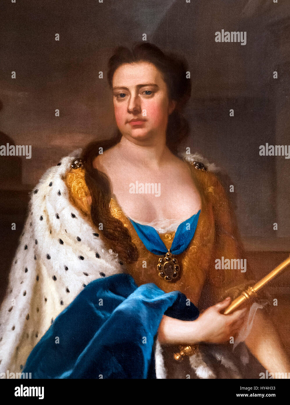 Queen Anne (1665-1714), reine d'Angleterre, d'Écosse et d'Irlande et par la suite la reine de Grande-Bretagne et d'Irlande. Portrait par Michael Dahl, huile sur toile, c.1714. Détail d'une grande peinture, HY49E5. Banque D'Images