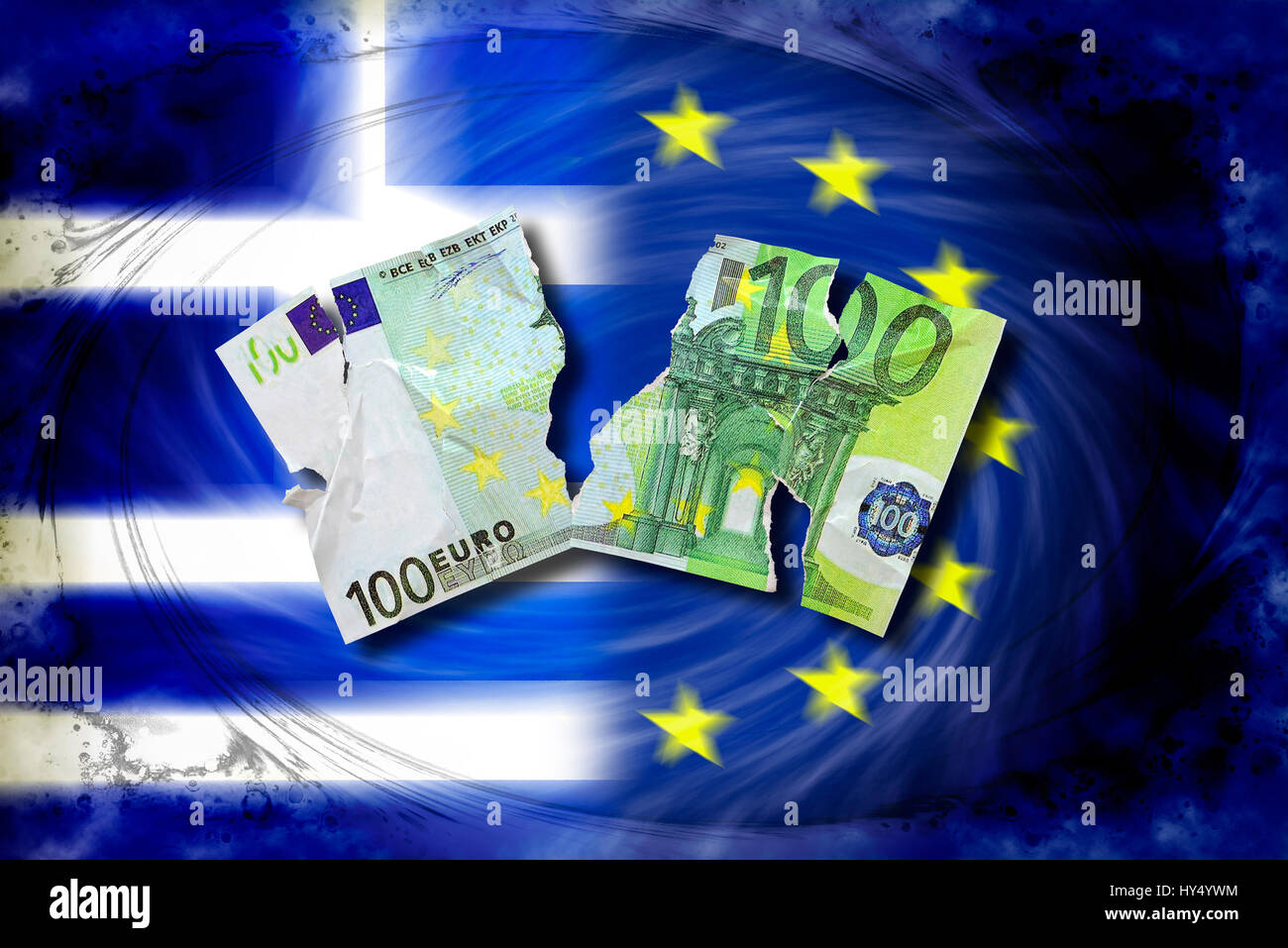 100 déchiré-euro-light avant que la Grèce et l'Union européenne drapeau, photo symbolique Grexit, Zerrissener Euro-Schein 100-Türkei Vor- und EU-Fahne, Symbolfoto Grexit Banque D'Images