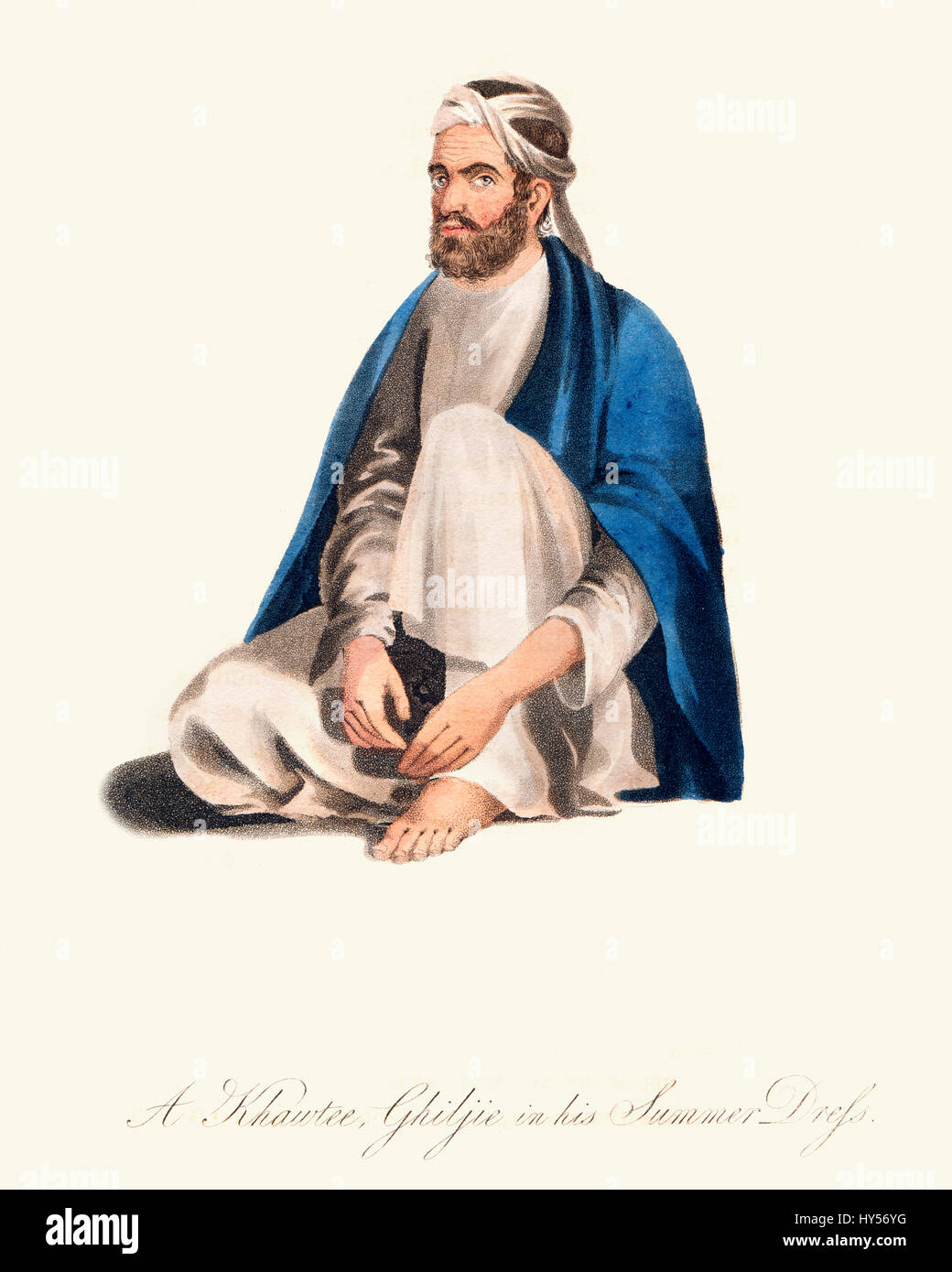 Gravure couleur vintage de 1819 montrant un homme afghan de l'Ghilijies en tenue d'été Banque D'Images