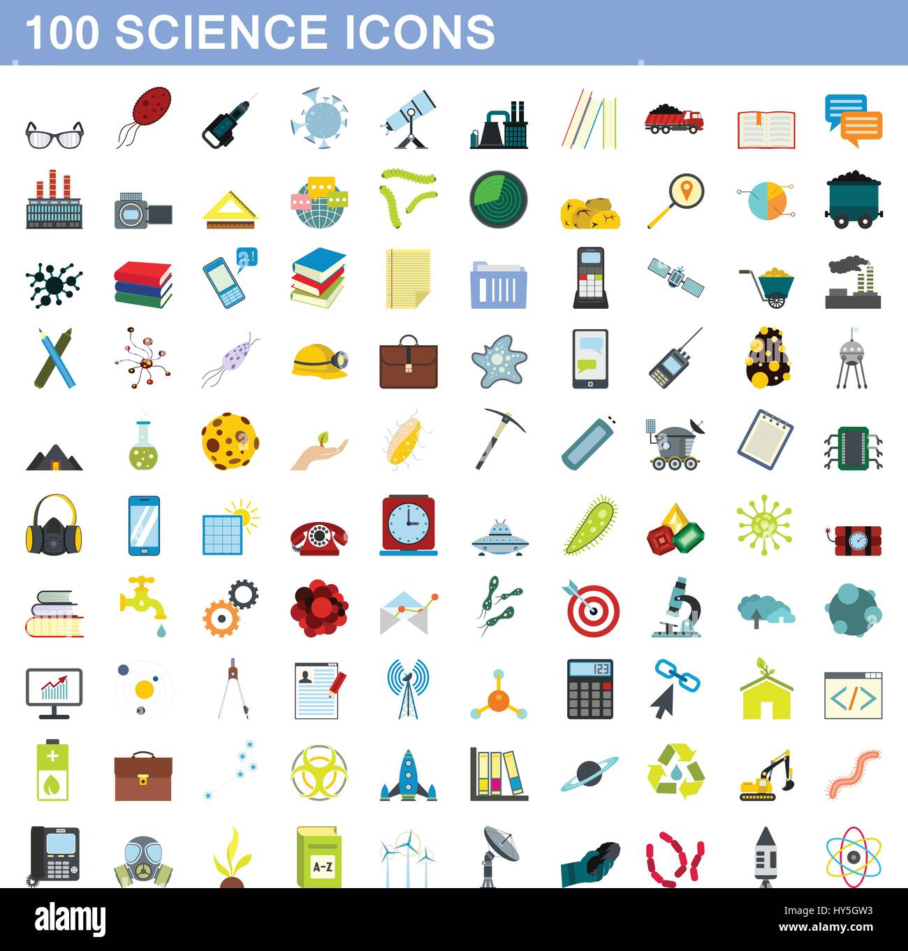 Science 100 icons set, style plat Illustration de Vecteur