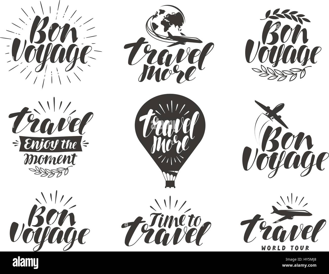 Jeu d'étiquettes, de voyage. Voyage d'un symbole ou d'icône. Belles lettres manuscrites vector illustration Illustration de Vecteur