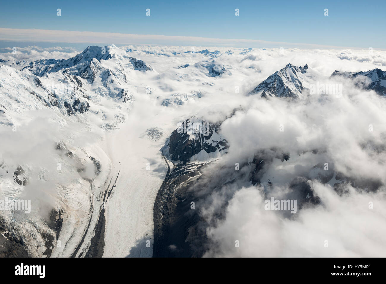 Tasman glaciers et les sommets de montagne, Alpes du sud de la Nouvelle-Zélande, Aoraki Mount Cook National Park, Southland, Nouvelle-Zélande Banque D'Images