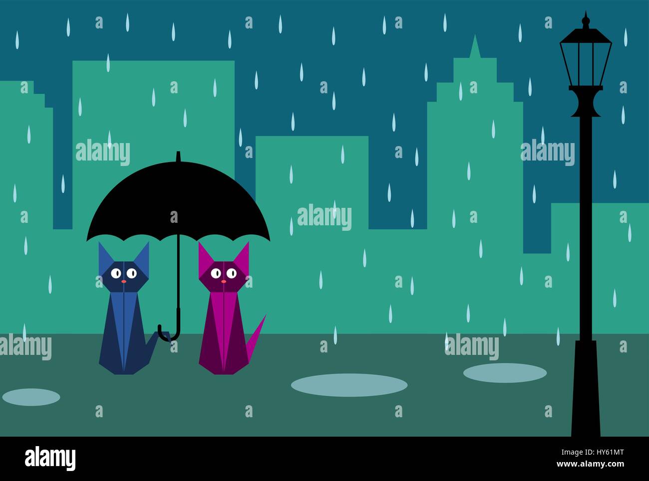 Deux chats dans la pluie. Chat est maintenant un parapluie sous la pluie. Jolie scène romantique dans la ville rue avec le lampadaire. Date romantique concept. Vector Illustration de Vecteur