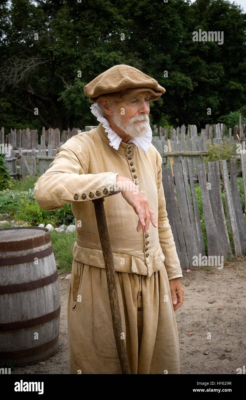 Un acteur de période (1621) à Plimoth Plantation, Plymouth, Massachusetts, aujourd'hui connu sous le nom de Plimoth Pataxet Banque D'Images