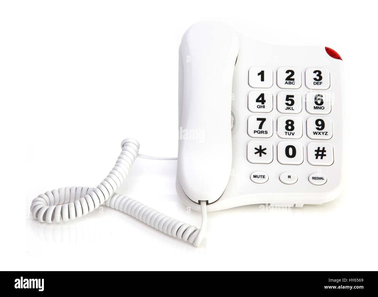 Gros bouton blanc téléphone sur un fond blanc avec copie espace Banque D'Images