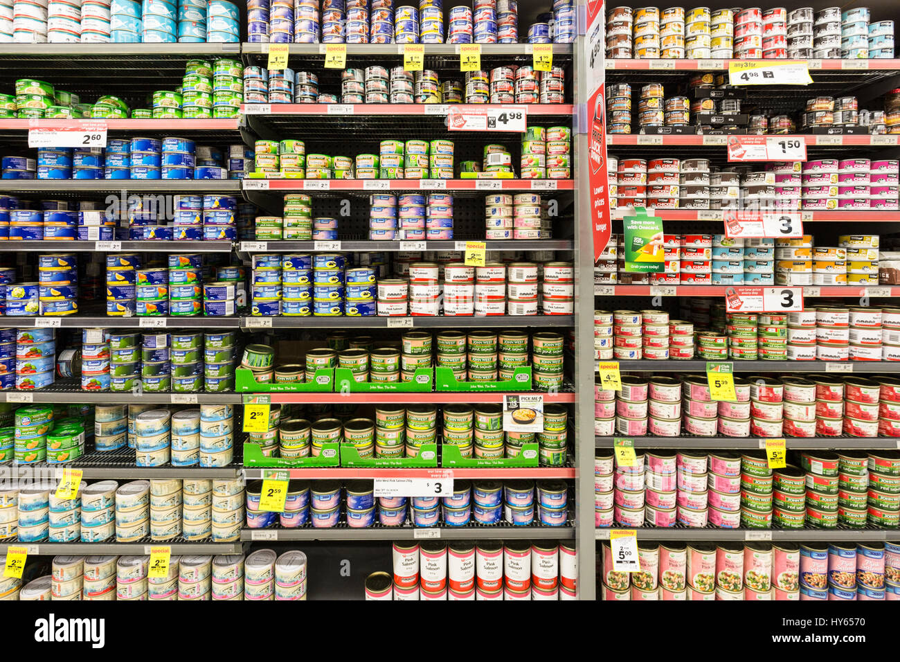 AUCKLAND, Nouvelle-zélande - 22 février 2017 : boîtes de thon, saumon et d'autres sortes de poissons affichés dans un supermarché avec des prix en dollar néo-zélandais. Banque D'Images