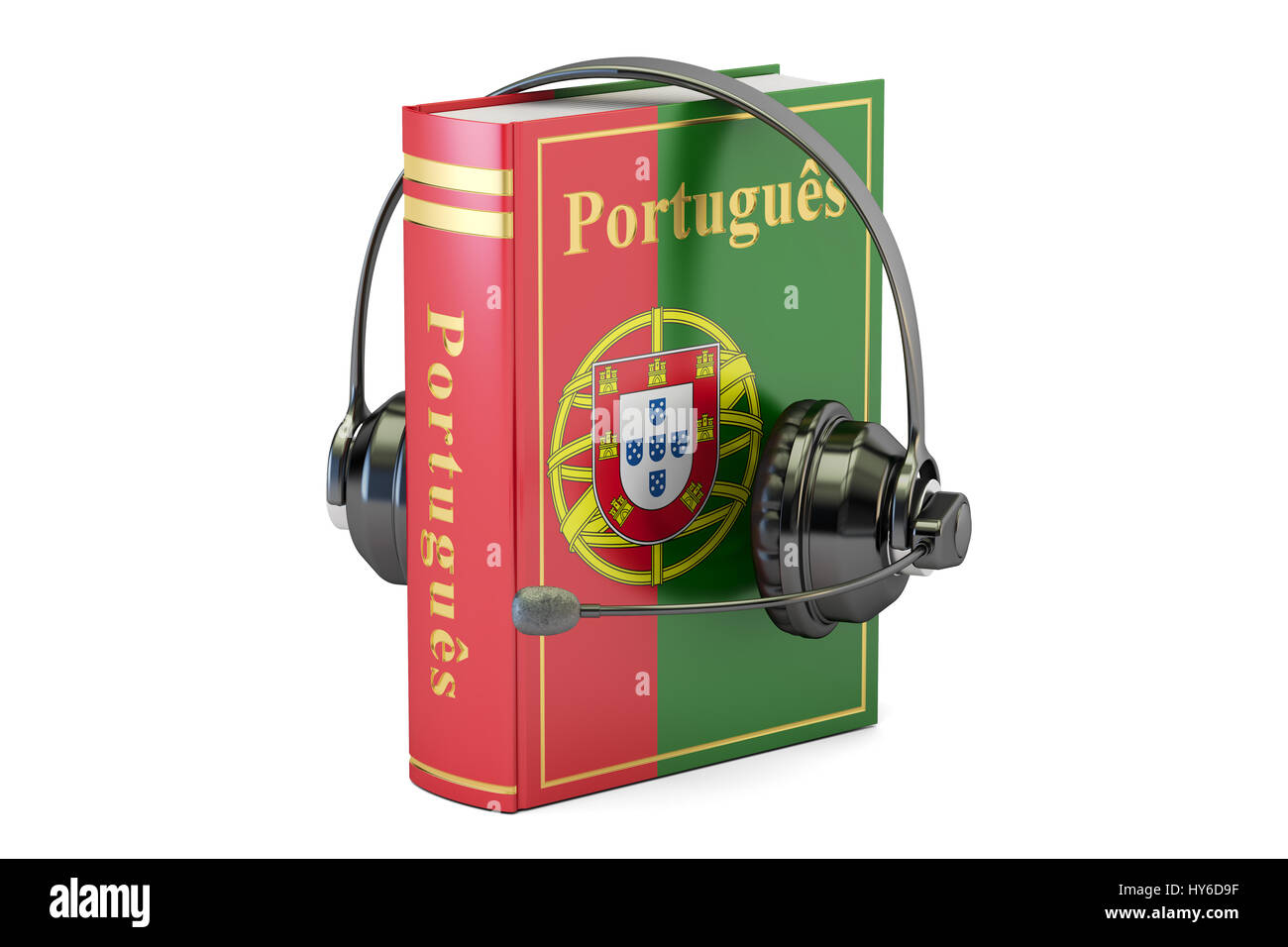 Manuel de langue portugaise avec casque, l'apprentissage et translate concept. Le rendu 3D Banque D'Images