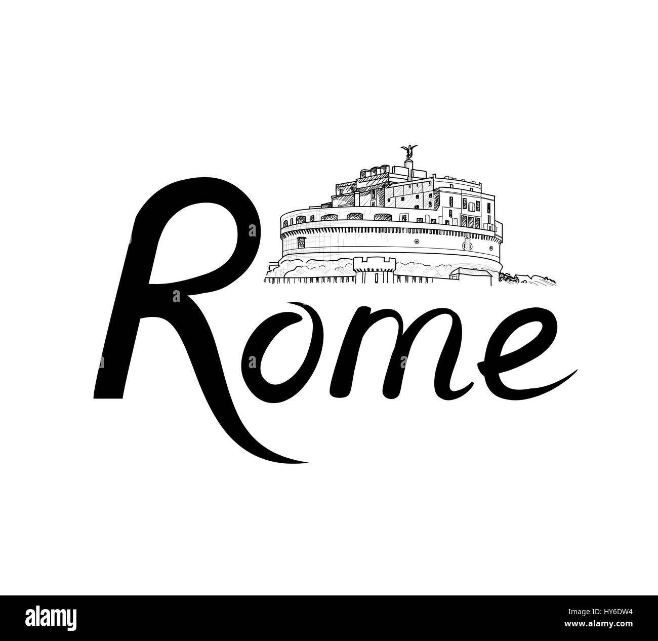 Rome célèbre place avec lettrage billet Italie Contexte. city landmark sign. gravure paysage urbain de Rome avec le château Saint Ange. Illustration de Vecteur