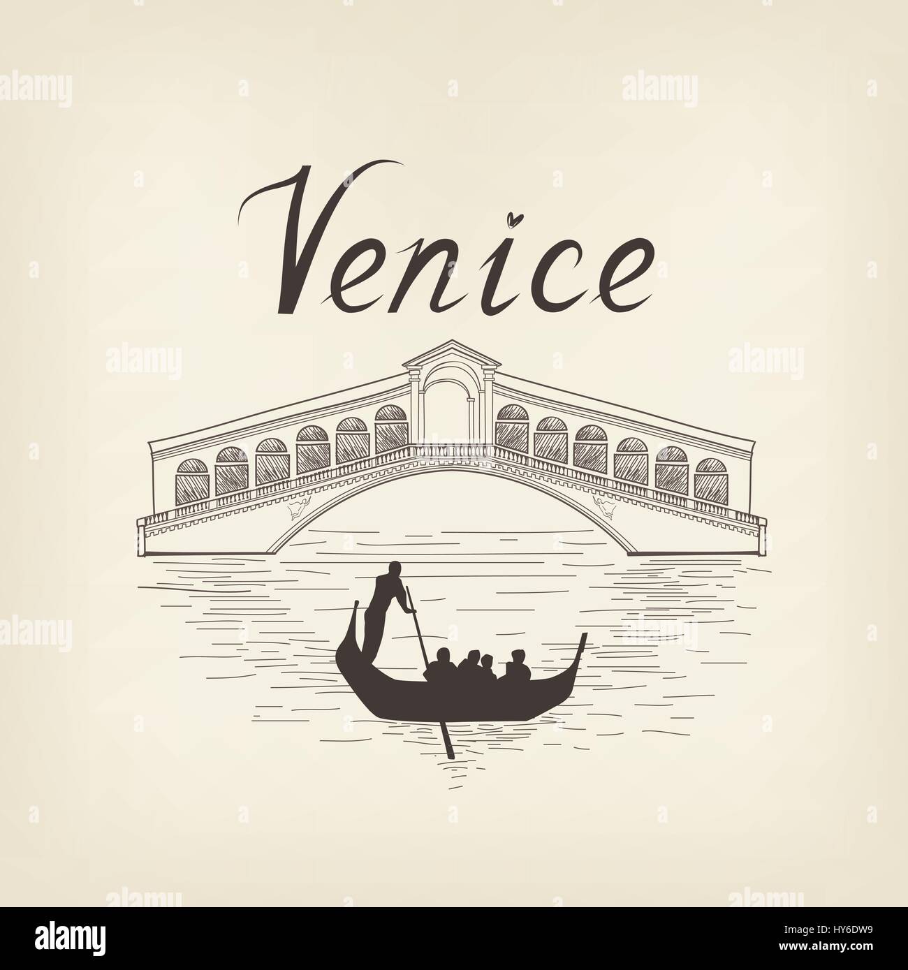 Célèbre place Venise Italie voyage vue arrière-plan. city bridge gravure rétro Illustration de Vecteur