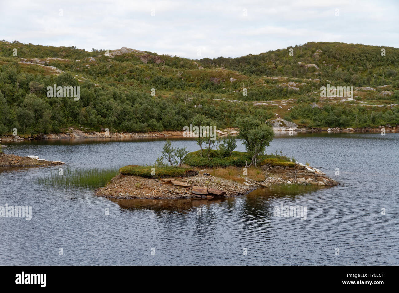 Petite île sur un lac au-dessus de Bodø, Norvège Banque D'Images