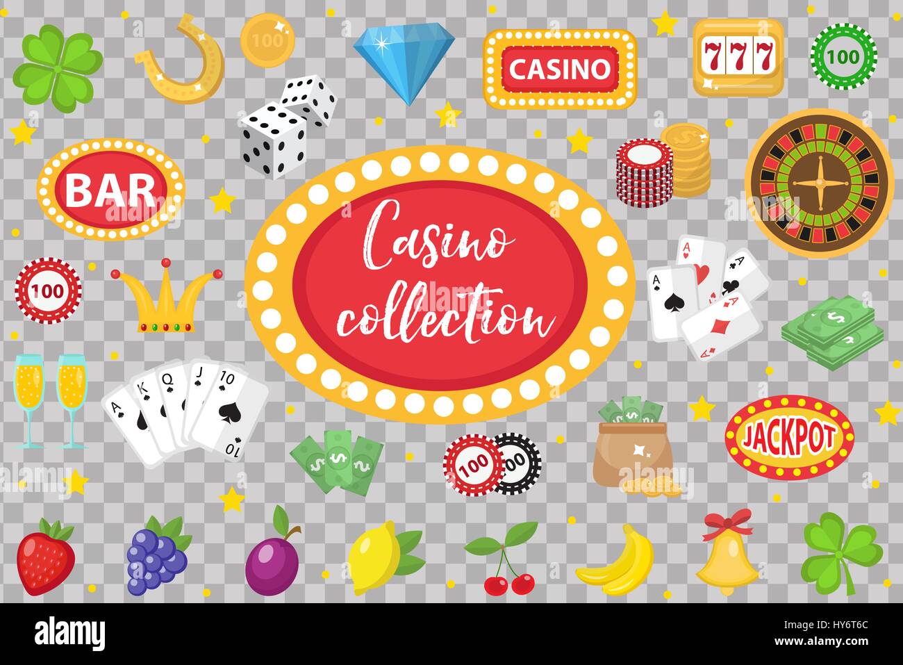 Casino Collection. Jeu de hasard isolé sur un fond blanc. Poker, jeux de cartes, bandit manchot, roulette de kit design. télévision style. Illustration vectorielle, clip art. Illustration de Vecteur