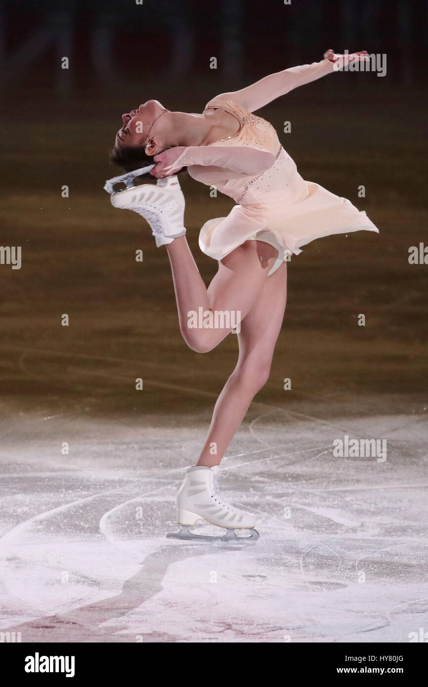 Helsinki, Finlande. 2ème apr 2017. Evgenia Medvedeva de Russie effectue au cours de l'exposition au programme ISU World Figure Skating Championships 2017 à Helsinki, Finlande, le 2 avril 2017. Credit : Matti Matikainen/Xinhua/Alamy Live News Banque D'Images