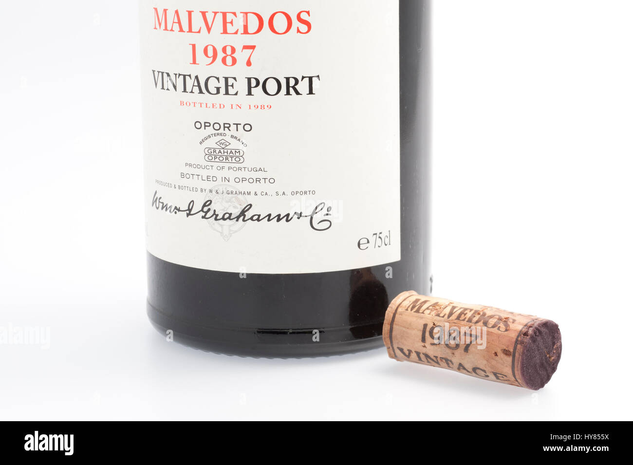 Bouchon à vin et une bouteille de Malvedos vintage port 1987 de Graham's Banque D'Images