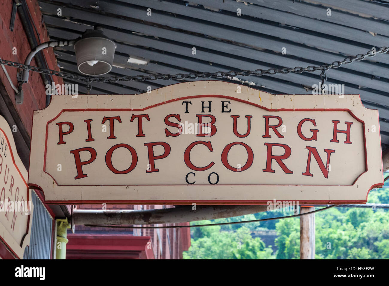 La société Popcorn Pittsburgh Signe, 21e Rue, dans le quartier de bande. Banque D'Images