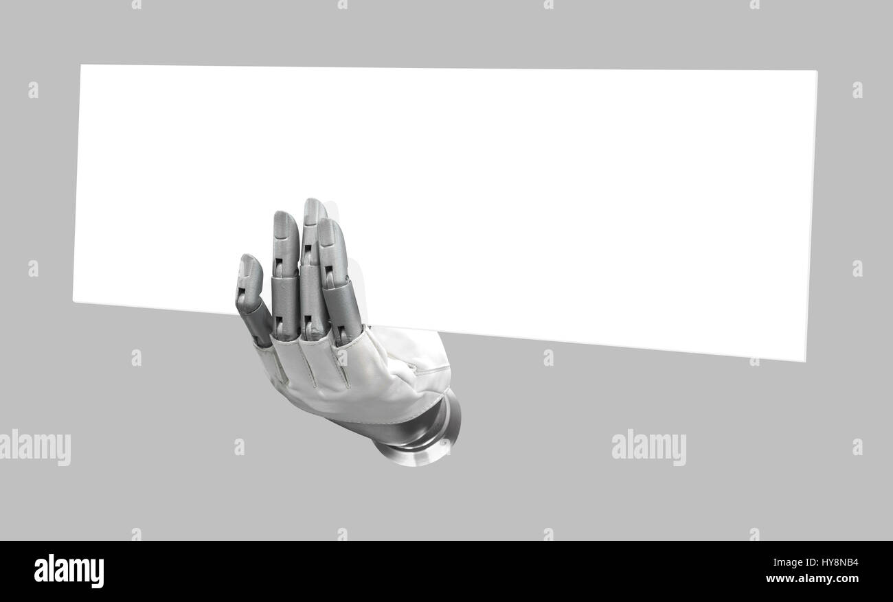 Main robotique holding blank sign pour mettre votre mot ou logo, fond isolé Banque D'Images