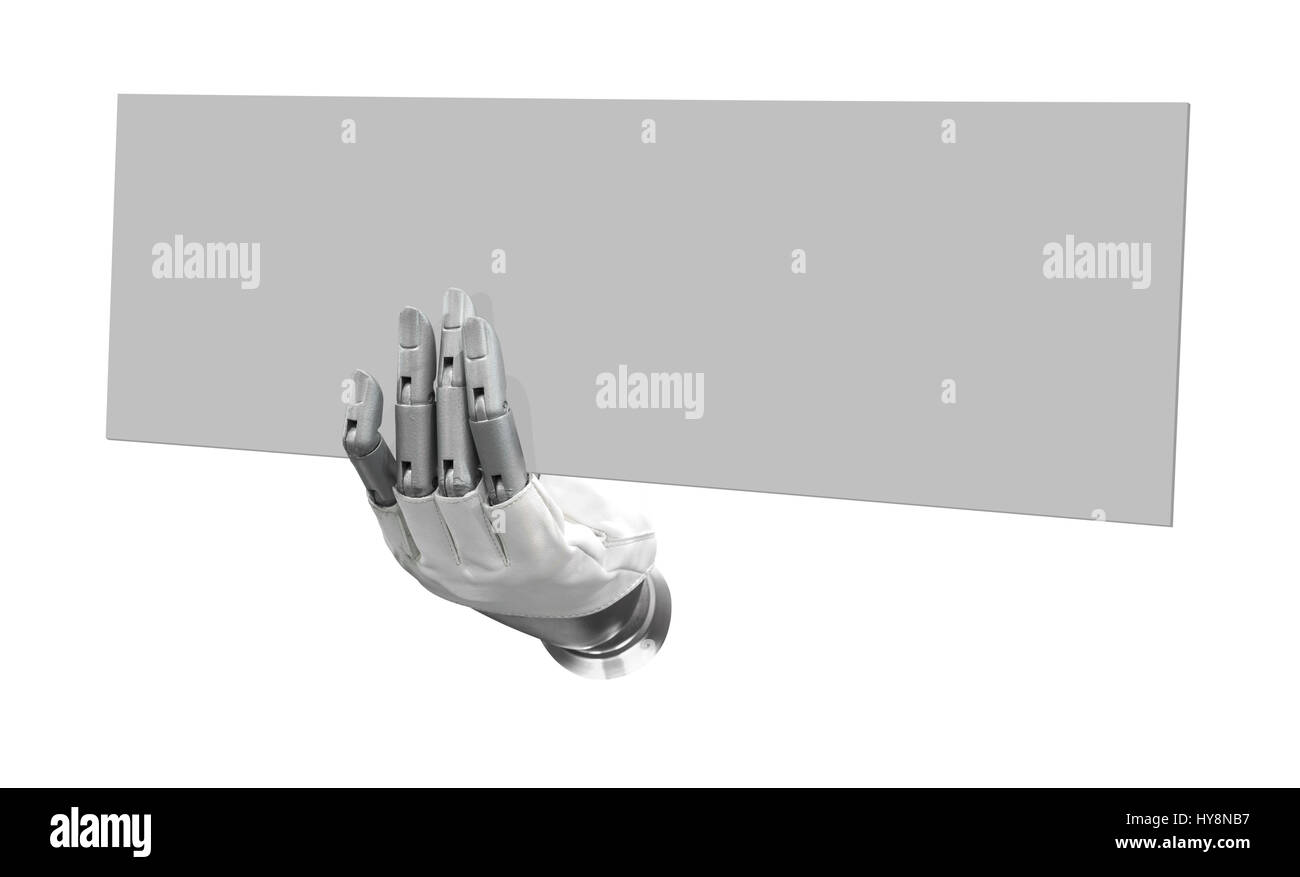 Main robotique holding blank sign pour mettre votre mot ou logo, fond isolé Banque D'Images