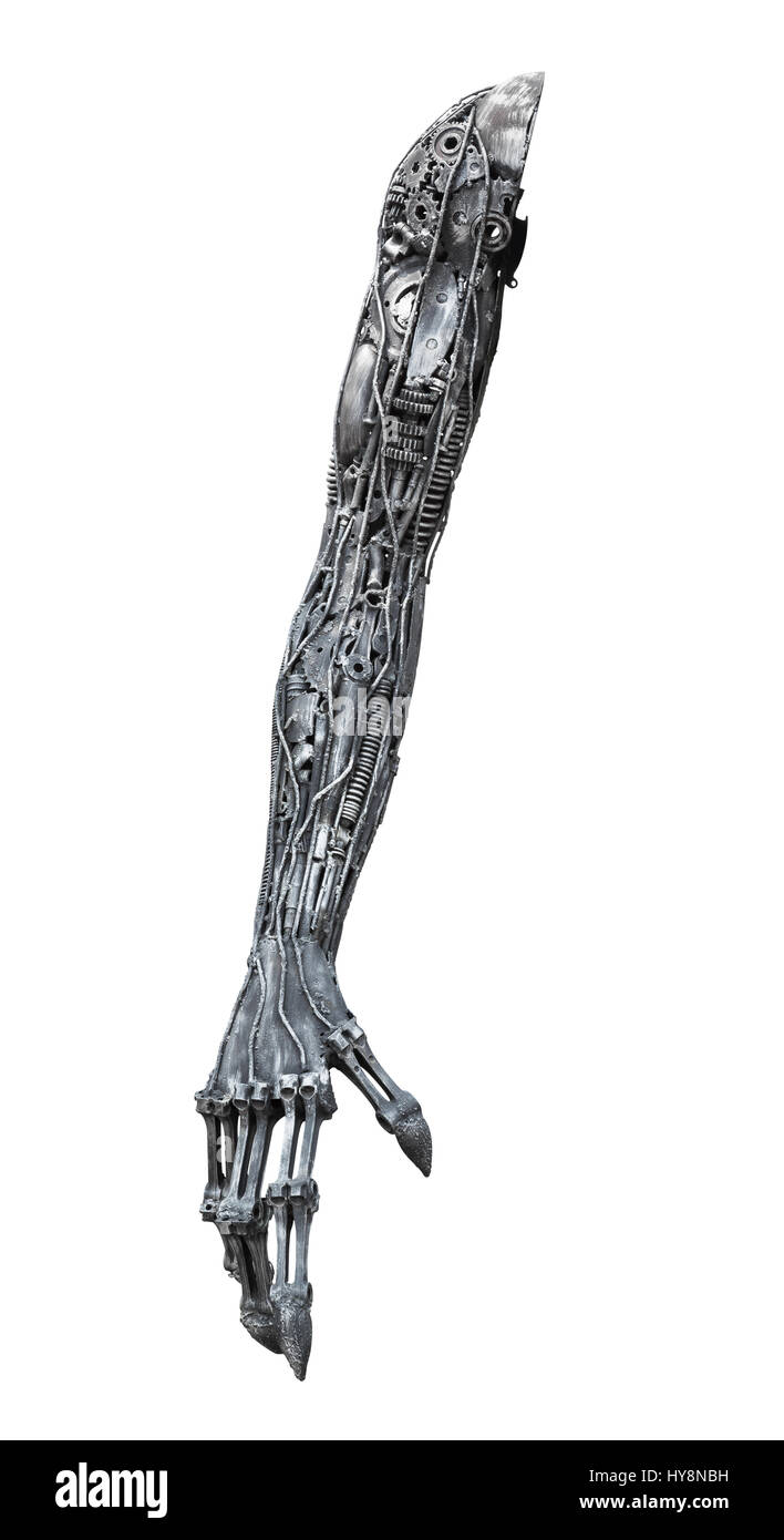 Bras de robot métallique fabriqué à partir de pièces de machines avec boulons et écrous engrenages isolé sur fond blanc avec des chemins de détourage Banque D'Images