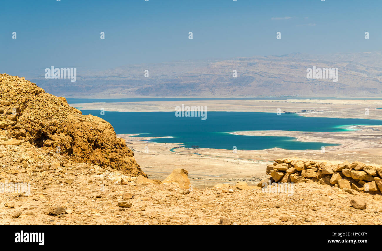 Ruines de la forteresse de Massada et la Mer Morte Banque D'Images