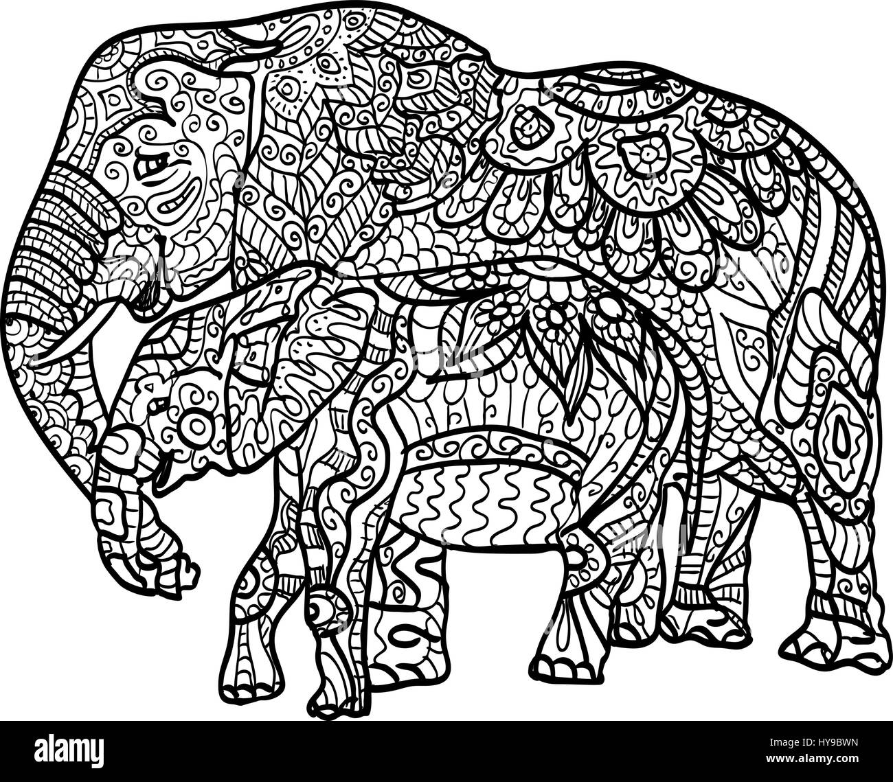 Anti stress et relaxant, éléphants coloriage rempli plaqués. Noir et blanc illustration dessiné à la main dans le vector. Maman éléphant et son petit ele Illustration de Vecteur
