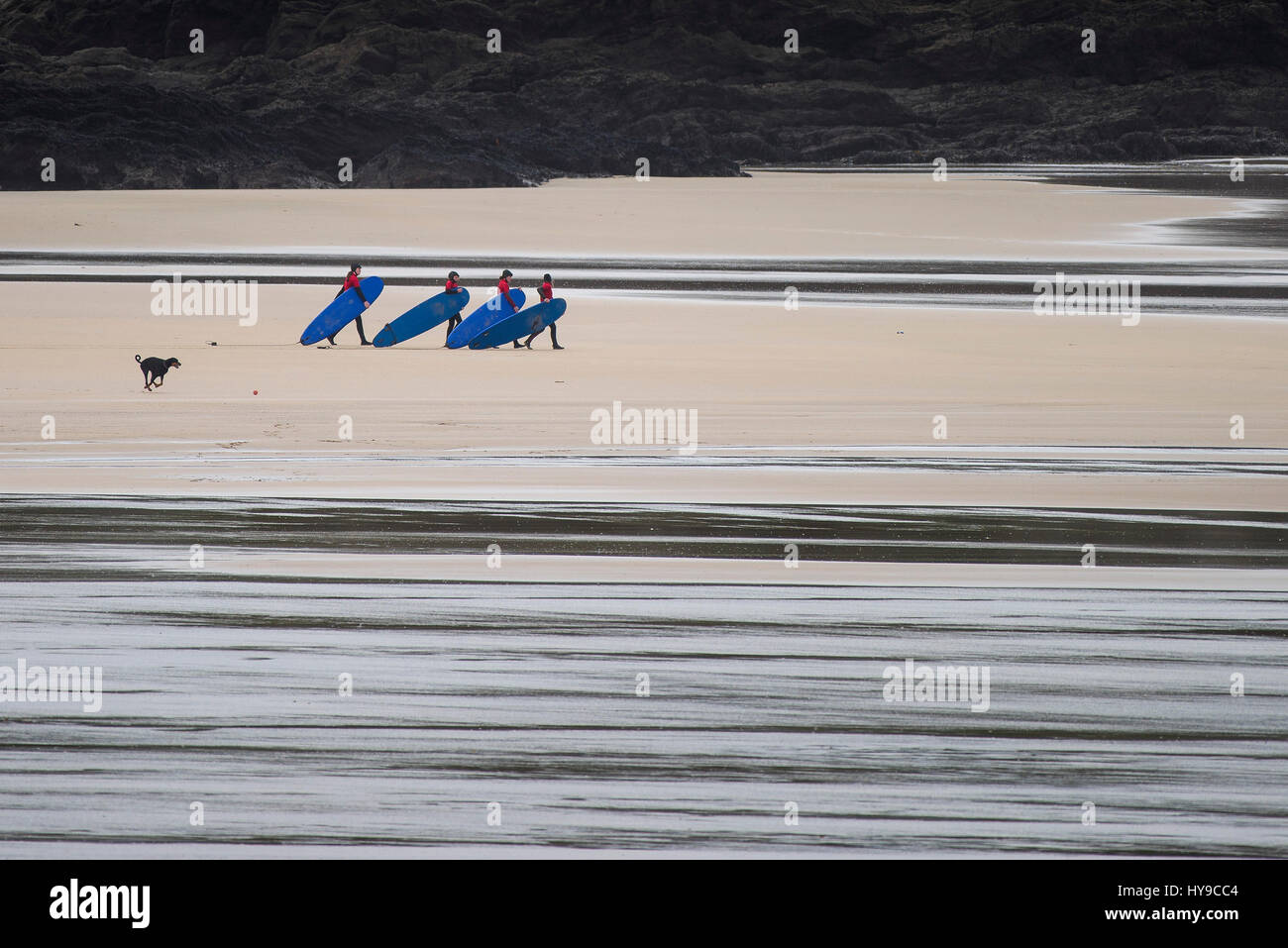 Les apprenants Surfers Beach côte à pied à marée basse Groupe planches de surf school Newquay Cornwall Fistral Banque D'Images