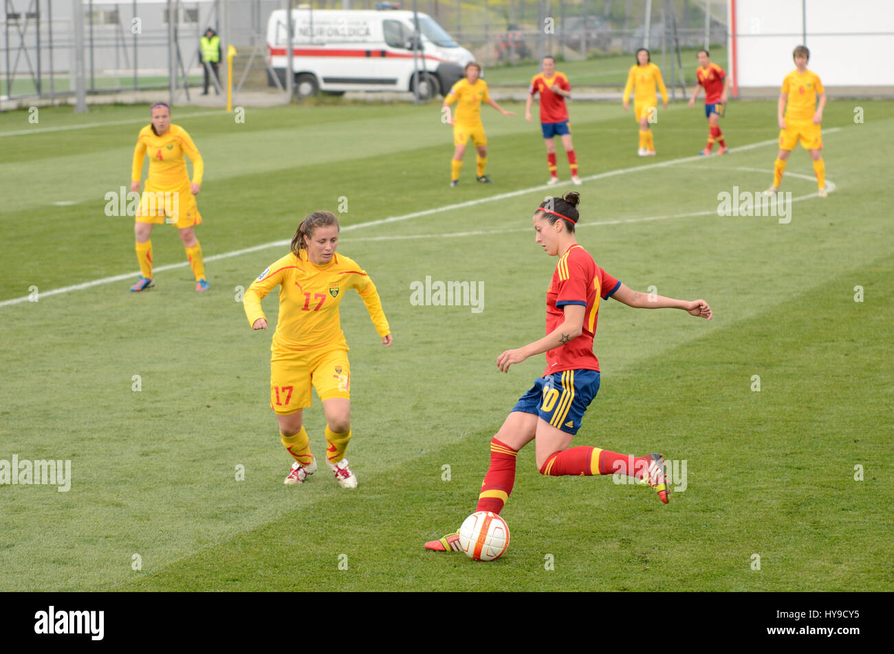 Centre de formation de la mission, Skopje, R. Macédoine. 10 avril 2014 14:00 2015 Coupe du Monde féminine de la FIFA - Football - qualification Groupe 2. Macédoine VS. Espagne 0 - 10 Banque D'Images