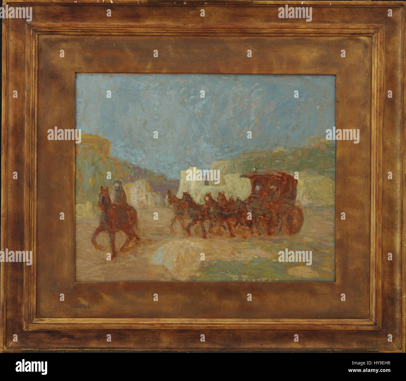 « Una Diligencia » de Pedro Figari capture une scène animée d'un autocar traditionnel, symbole du transport du XIXe siècle en Amérique latine. La peinture met l'accent sur le mouvement et la richesse culturelle dans un contexte historique. Banque D'Images