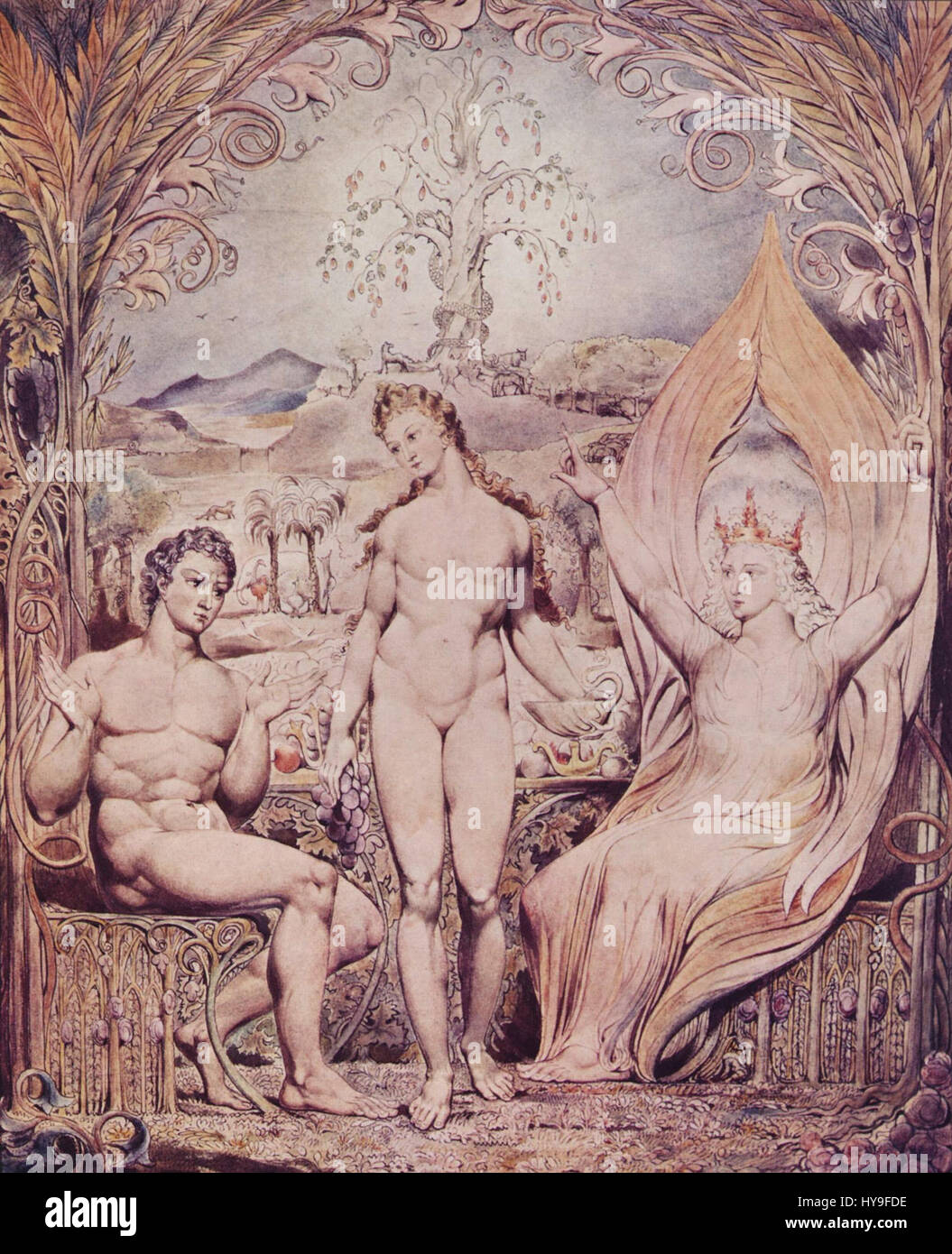 William Blake était un poète et artiste anglais, connu pour ses œuvres visionnaires et symboliques. L’art de Blake combinait des thèmes mystiques et des sujets bibliques, souvent avec des couleurs vives et des designs complexes, créant un mélange unique de littérature et de visuel Banque D'Images