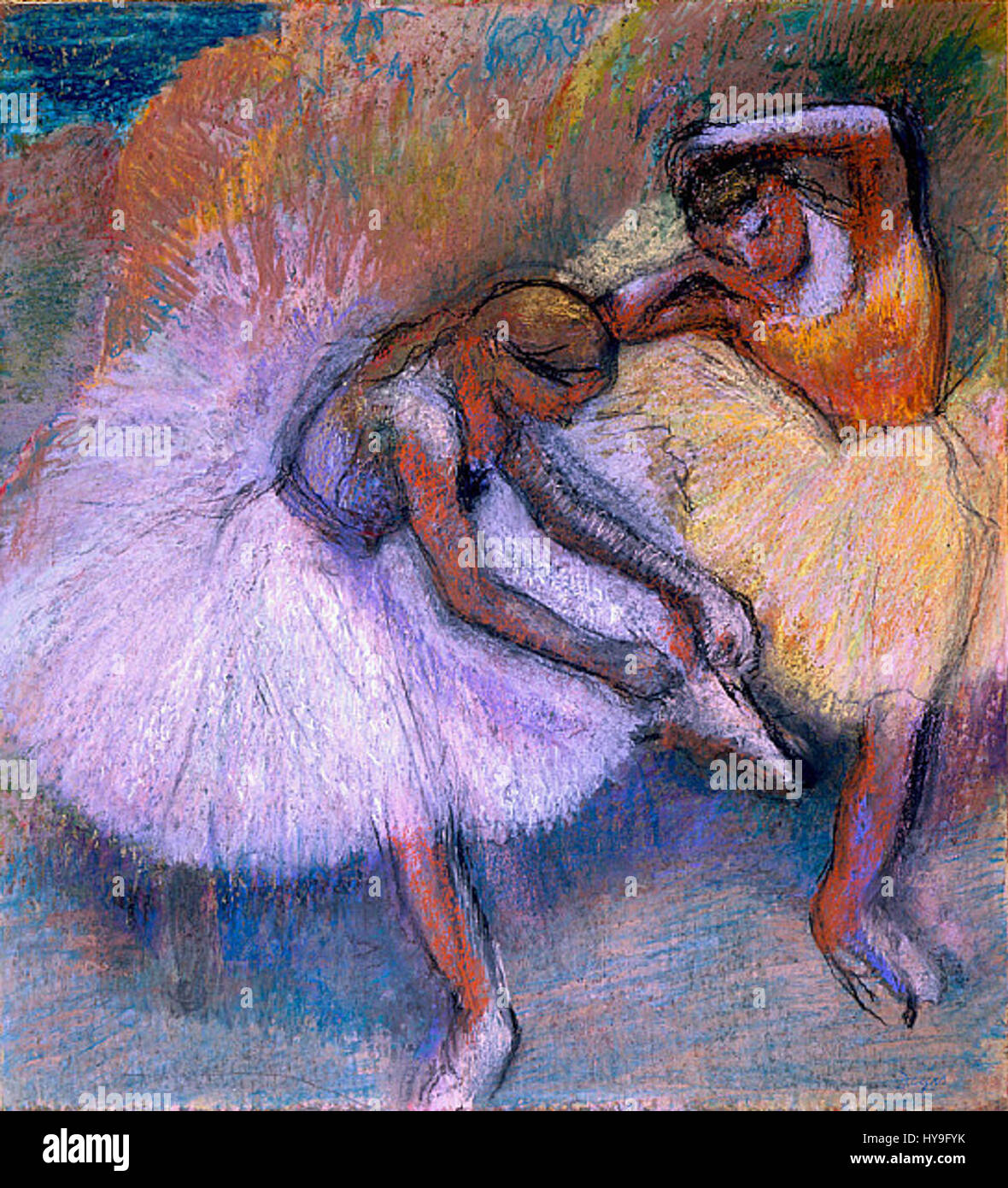 Tableau célèbre d'Edgar Degas, « deux danseurs » capture deux danseurs de ballet en mi-performance, mettant en valeur la maîtrise du mouvement et de la lumière par l'artiste. La pièce reflète l'accent mis par Degas sur la forme humaine et le monde du ballet à la fin du XIXe siècle à Paris. Banque D'Images