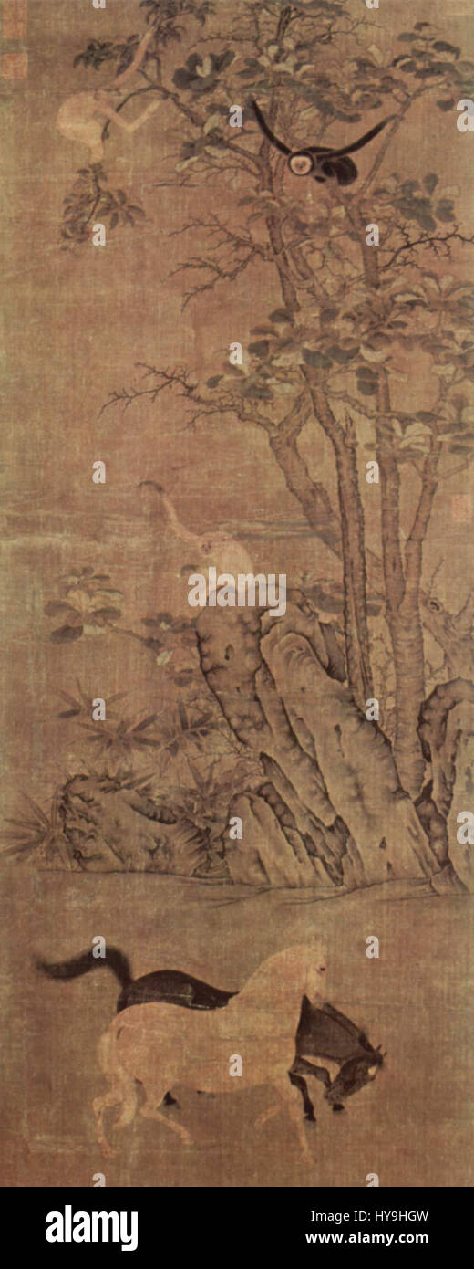 Cette peinture chinoise du Xe siècle met en valeur les techniques complexes et délicates utilisées par les artistes de la dynastie Song. La peinture reflète des thèmes artistiques traditionnels chinois tels que la nature et l'harmonie. Banque D'Images