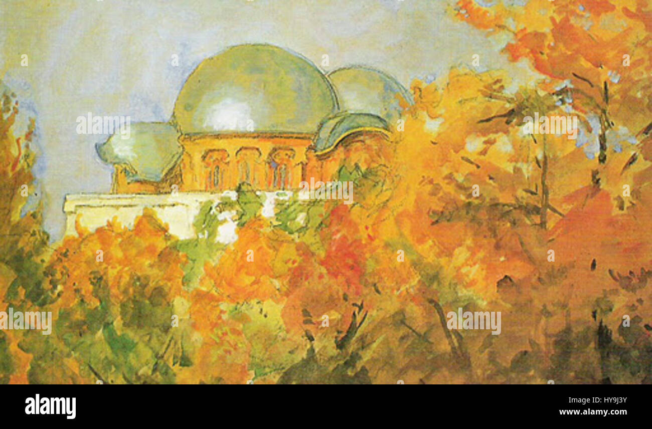 Le Goetheanum, illustré par Hermann Linde dans son aquarelle, représente une merveille architecturale conçue par Rudolf Steiner. Le bâtiment, au cœur de la philosophie anthroposophique, est représenté de manière détaillée et expressive. Banque D'Images