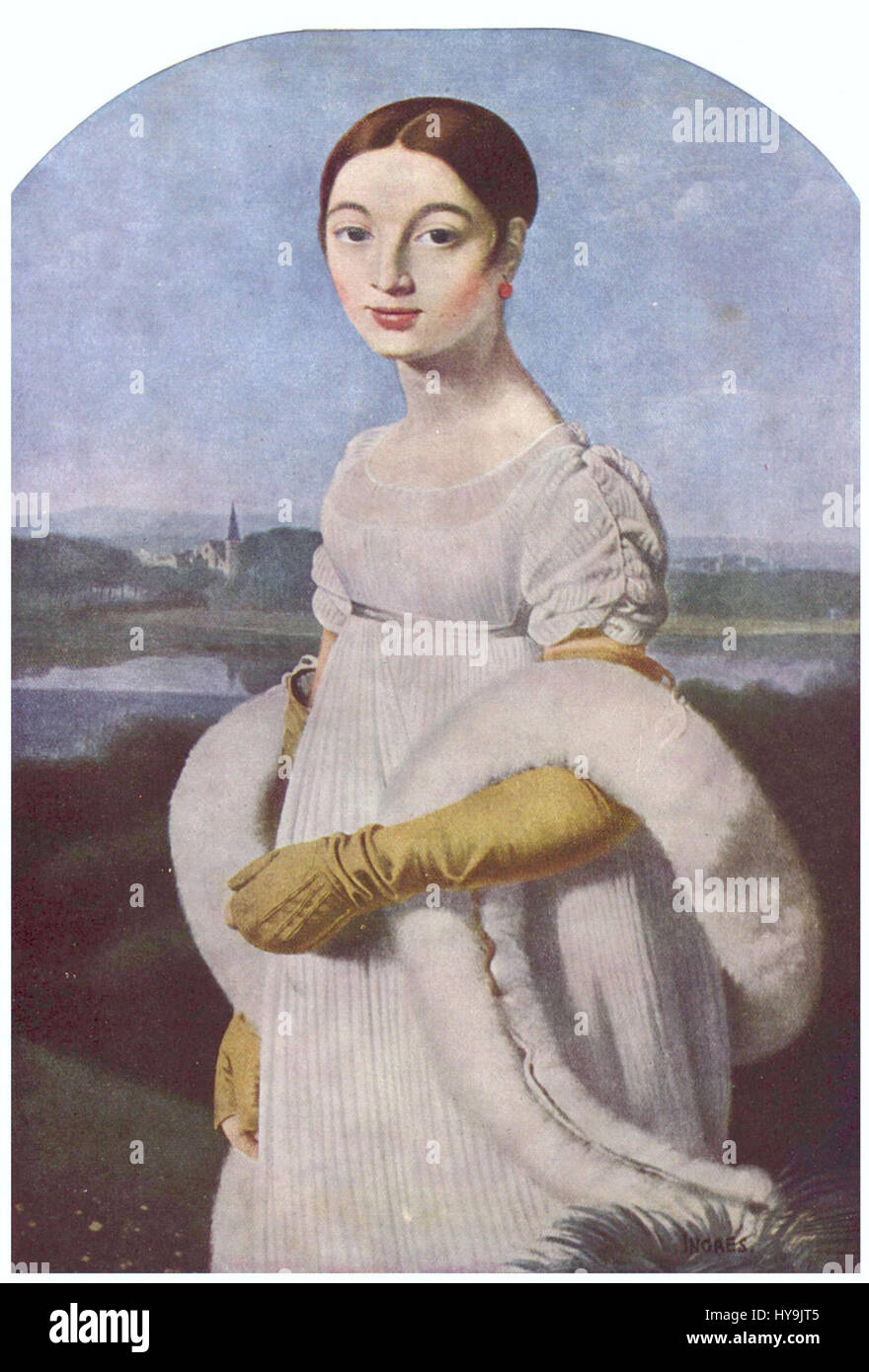 Le portrait de Jean Auguste Dominique Ingres 'Mademoiselle Riviere' capture l'élégance raffinée d'une jeune femme au XIXe siècle. Ingres, connu pour sa précision dans les détails et son style classique, crée une représentation intemporelle de la grâce féminine. Banque D'Images