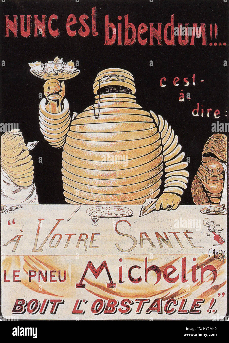 L'affiche Michelin 1898 présente l'art publicitaire du début du XXe siècle, mettant en vedette l'emblématique Man. Le design utilise des couleurs vives et des éléments ludiques pour promouvoir la société de pneus Michelin. Banque D'Images