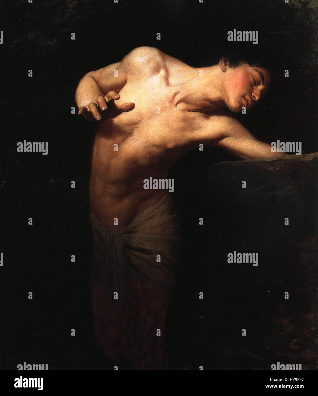 *Narcisse* de l'artiste hongrois Benczur est une représentation de la figure mythologique, Narcisse, tirée de la mythologie grecque. La peinture se concentre sur l'histoire tragique de Narcisse tombant amoureux de sa propre réflexion, incarnant des thèmes de vanité et d'obsession de soi. Banque D'Images *Narcisse* de l'artiste hongrois Benczur est une représentation de la figure mythologique, Narcisse, tirée de la mythologie grecque. La peinture se concentre sur l'histoire tragique de Narcisse tombant amoureux de sa propre réflexion, incarnant des thèmes de vanité et d'obsession de soi. Banque D'Images