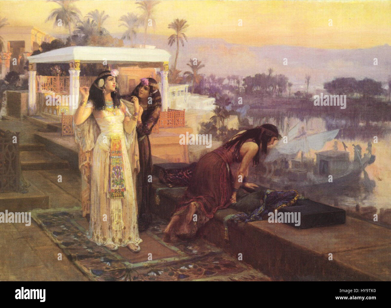 Cléopâtre sur les terrasses de Philae de Frederick Arthur Bridgman capture un moment de l'histoire égyptienne antique, représentant Cléopâtre dans le paysage emblématique du temple de Philae. L'œuvre mêle l'imagerie historique au flair de Bridgman pour romantiser le passé. Banque D'Images
