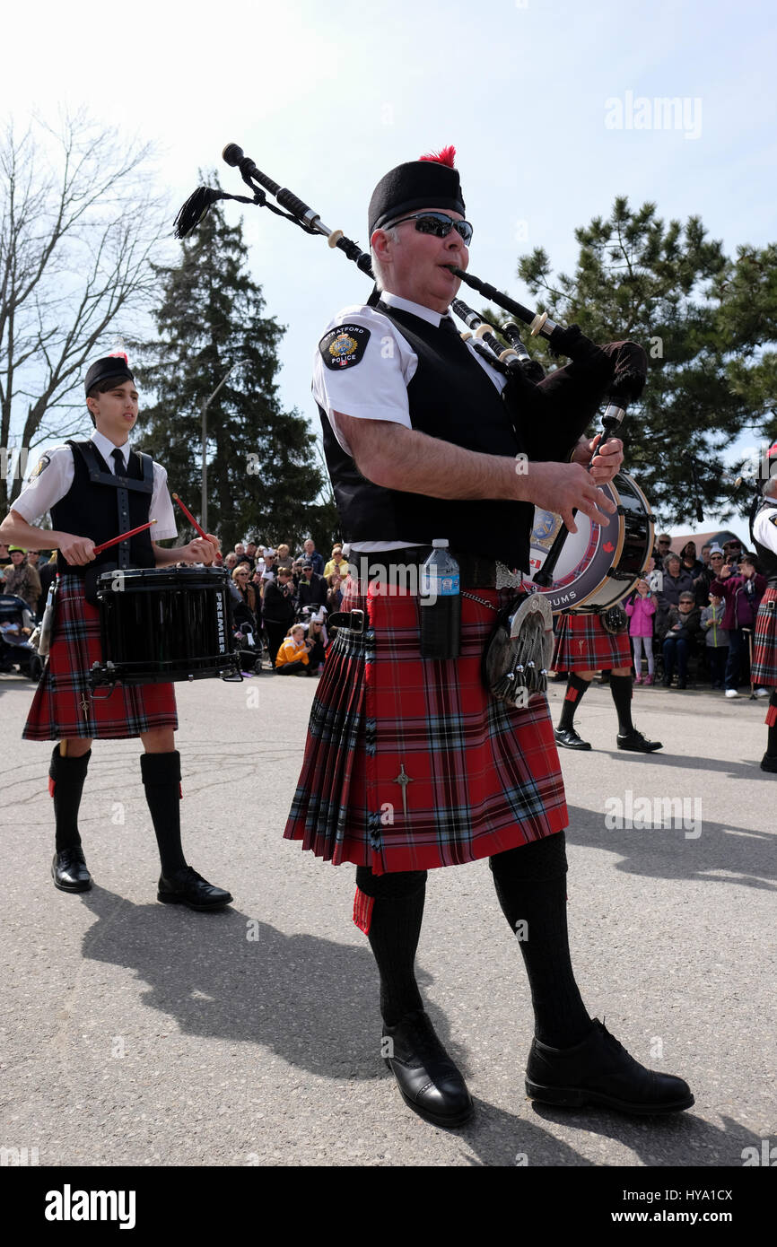 Stratford, Ontario, Canada, 2e Apr, 2017. Stratford Police Pipe Band joue pour des milliers de personnes qui se sont réunis pour le défilé annuel de la Stratford Swan, lorsque la ville de cygnes retour à la rivière Avon, dans la célébration de l'arrivée du printemps à Stratford, Ontario, Canada. Credit : Rubens Alarcon/Alamy Live News. Banque D'Images