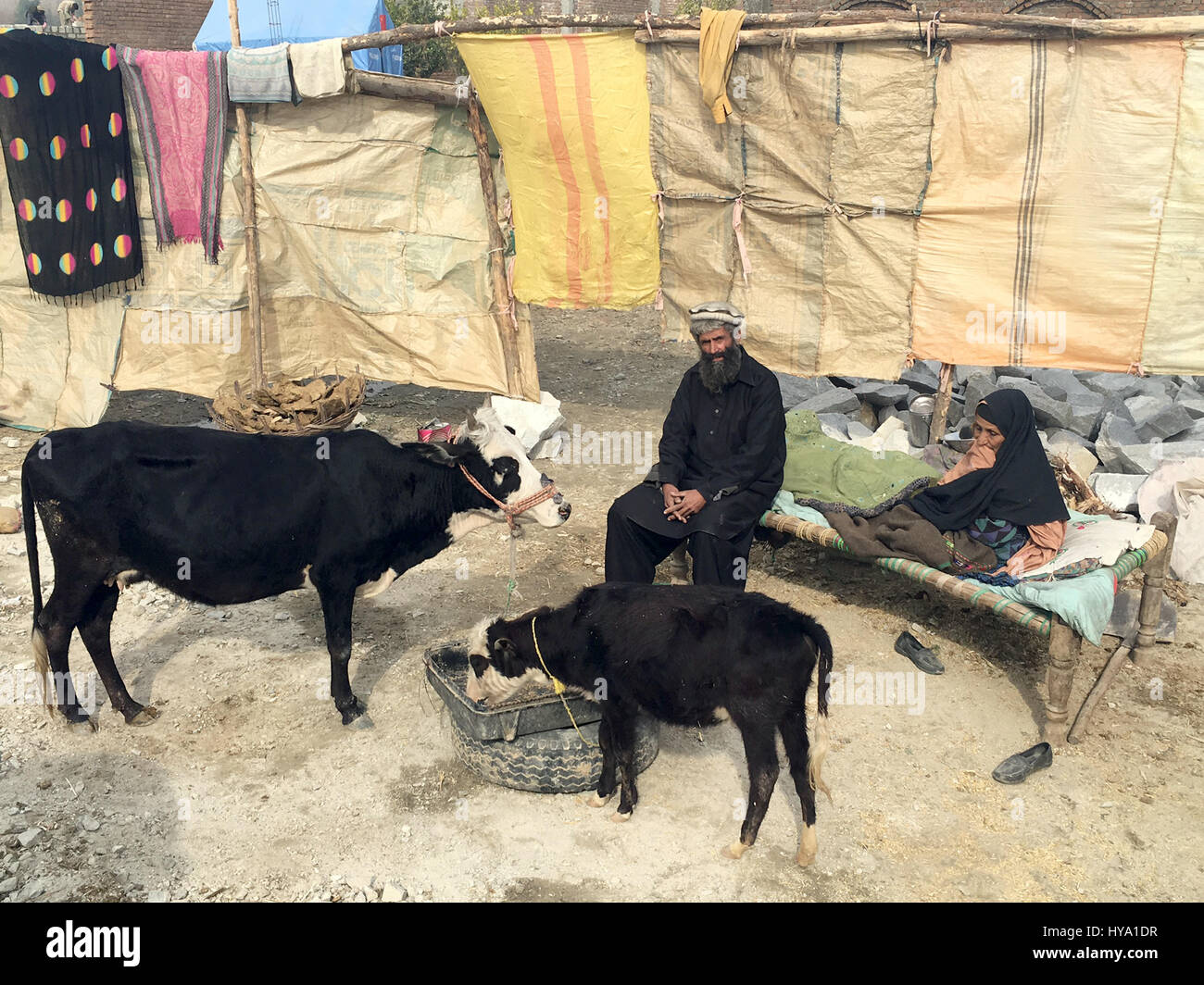 Nangarhar, Afghanistan. 22 janvier, 2017. Les réfugiés afghans qui sont revenus du Pakistan se tenir dans une petite zone ils clôturé avec des bâches et des pierres dans la province de Nangarhar, Afghanistan, le 22 janvier 2017. Photo : Christine-Felice Medno/dpa/Alamy Live News Banque D'Images