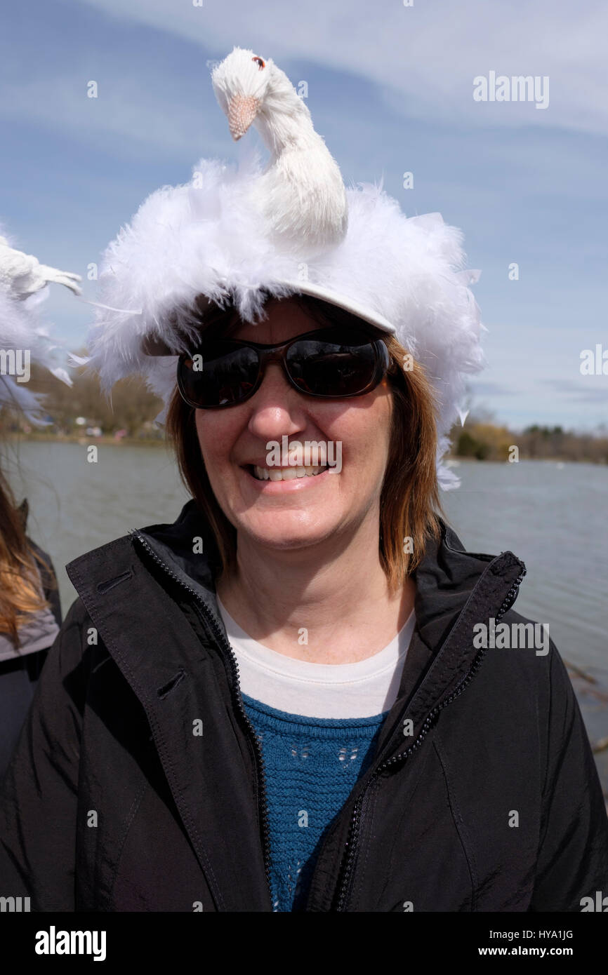 Stratford, Ontario, Canada, 2e Apr, 2017. Femme portant un chapeau décoré dans la forme d'un cygne se joint à la parade annuelle du Stratford Swan, lorsque la ville de cygnes retour à la rivière Avon, dans la célébration de l'arrivée du printemps, à Stratford, Ontario, Canada. Credit : Rubens Alarcon/Alamy Live News. Banque D'Images