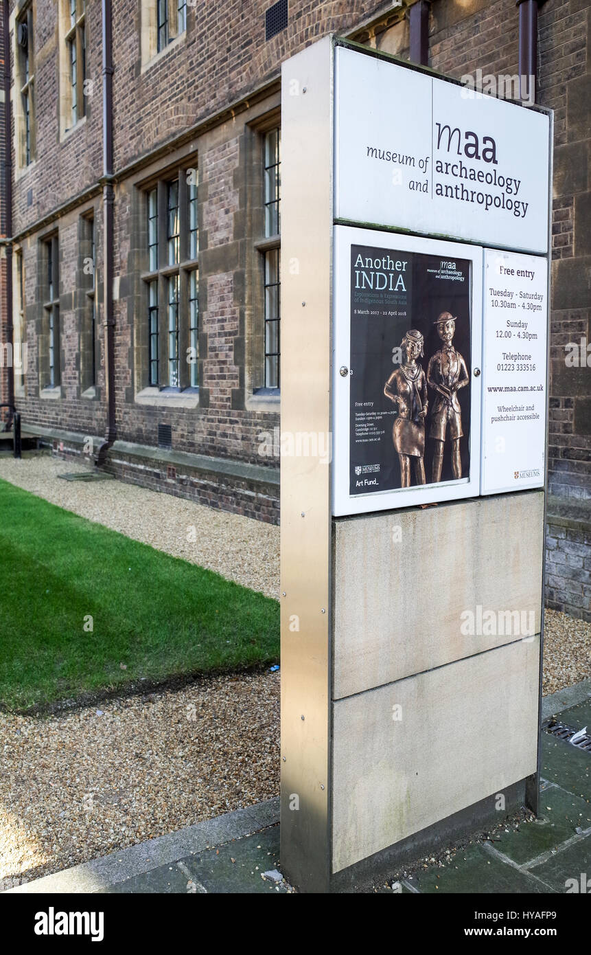 Panneau d'entrée pour les musées d'archéologie et d'anthropologie à Pembroke Street, Cambridge. Le musée fait partie de l'Université de Cambridge, Royaume-Uni. Banque D'Images