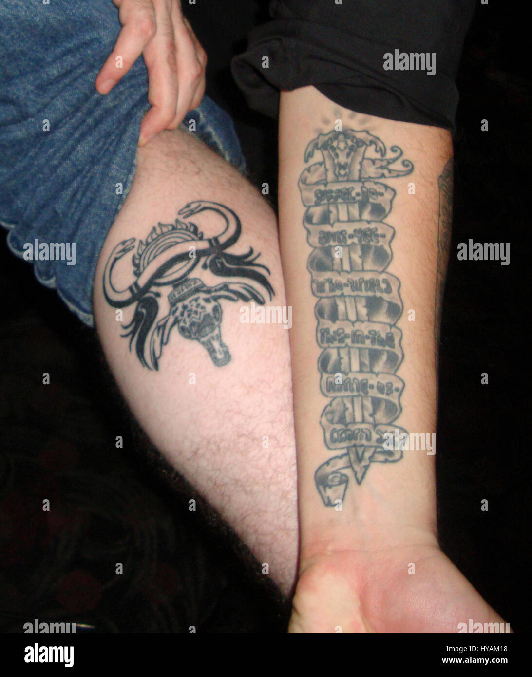SACREMENTO, CALIFORNIE : Schwarzeneggar superfan Randy Jennings, montre son tatouage de deux serpents de Conan. Le numéro un mondial de Arnie superfan est musclés qui fête son 67e anniversaire du héros en révélant son Schwarzenegger de culte pour la première fois. À partir de la tendance à son soigneusement USD80K (£45K) collection de souvenirs, Arnold Schwarzenegger, à passer des heures à la gestion de 90 000 nouveaux abonnés par mois à son armée de Arnie's fansite - un superfan a la mission de sa vie à la Total Recall de son idole. Depuis qu'il n'avait que onze ans et j'ai vu la légendaire Arnie mo Banque D'Images