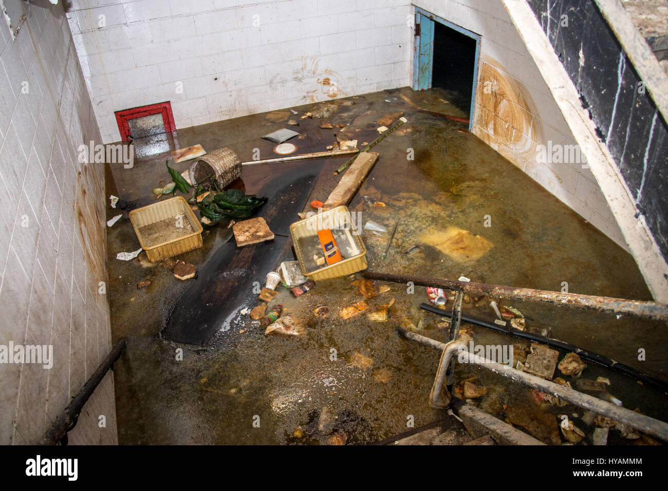 DETROIT, MICHIGAN : un vétéran de combat utilisé ses compétences de l'armée de pénétrer dans un hôpital, il décrépite a même été abandonné par les gangs locaux. Les images montrent comment cette années 60 qui était un célèbre hôpital communautaire est partiellement immergé dans l'eau glacée, Brown a portes criblée de trous de balle et est couvert de graffitis agressifs qui se lit "bang, bang", "Vous êtes le prochain" et "N'ouvrez pas mort à l'intérieur". Soldat de l'armée américaine devenu photographe Robert Johnson (40) ont bravé le criminel potentiellement infestés au sud-ouest de l'hôpital de Detroit à prendre les coups extraordinaires. Banque D'Images