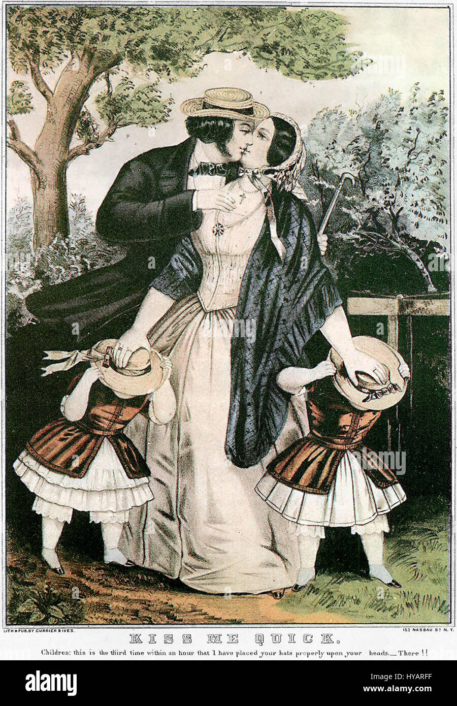 'Kiss me Quick' de Currier & Ives est une lithographie emblématique des années 1840, mettant en valeur une scène romantique et ludique. Connue pour son style coloré et dynamique, cette œuvre reflète l'humeur culturelle et la dynamique sociale de l'époque, avec des thèmes de la cour et de l'affection. Banque D'Images